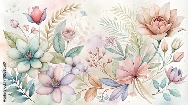 Fototapeta Soft watercolor floral background with pastel flowers and leaves