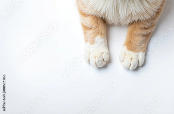 Fototapeta Soft paws of an orange and white cat resting on a clean surface in a cozy home setting