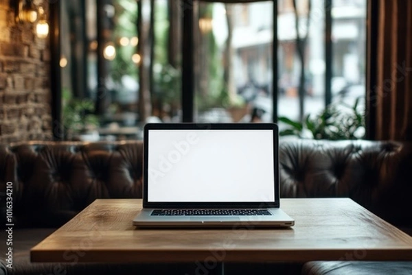 Fototapeta Modern Workspace with Laptop in Cozy Cafe Setting