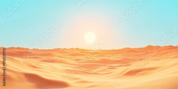 Fototapeta A serene desert landscape featuring rolling sand dunes and a bright sun setting in a clear blue sky.