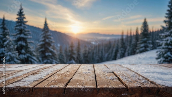 Fototapeta empty wooden table with winter snow landscape on background