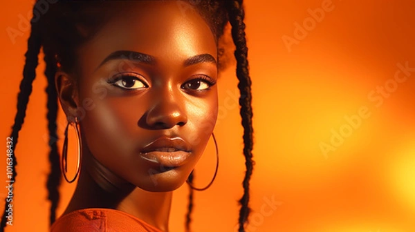 Obraz Portrait of smiling African American girl with orange background banner.