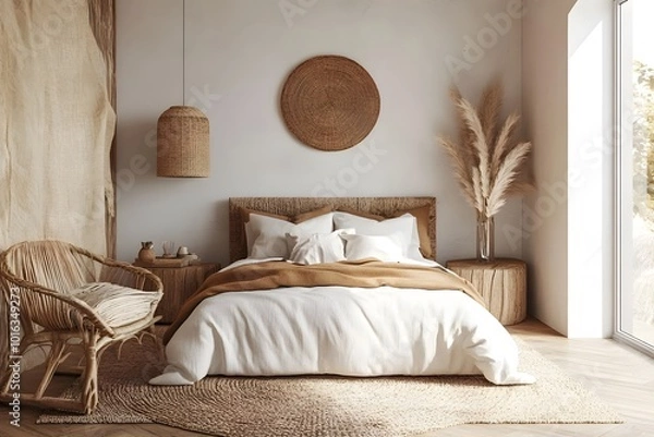 Fototapeta Modern minimalist bedroom with boho-inspired decor, natural materials and earthy tones