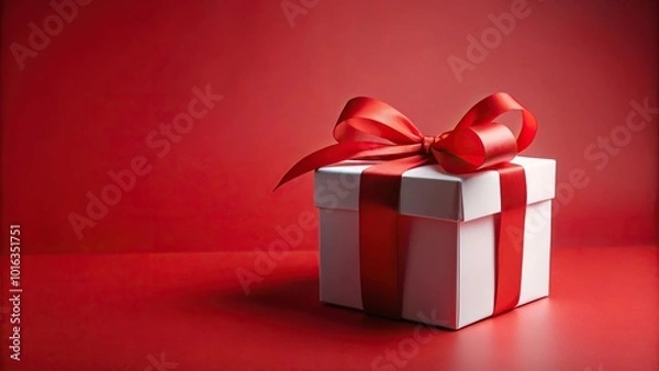 Obraz Open white gift box tied with red ribbon on red background leading lines