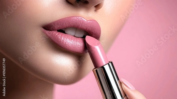 Obraz close up of glamorous young woman applying pink lipstick on grey background, beauty and makeup