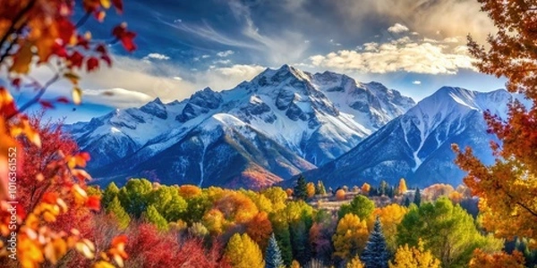 Fototapeta Snow-Capped Wasatch Mountains with Bokeh Effect in Utah's Scenic Beauty