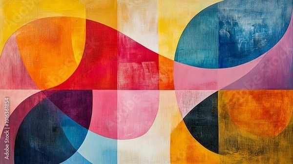 Fototapeta Abstract Painting with Intersecting Circles and Squares in Vibrant Colors