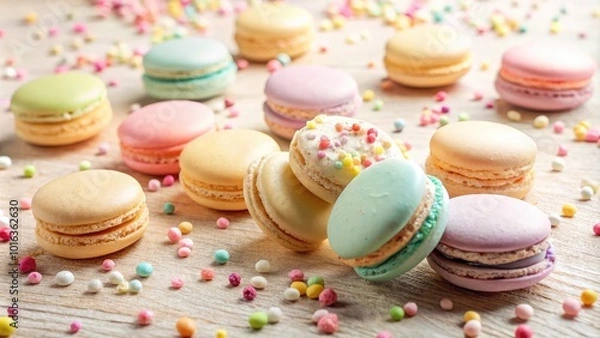 Fototapeta Softly focused, warm, and inviting background featuring a delicate arrangement of pastel-colored candies, macarons, and sprinkles on a creamy white textured surface.