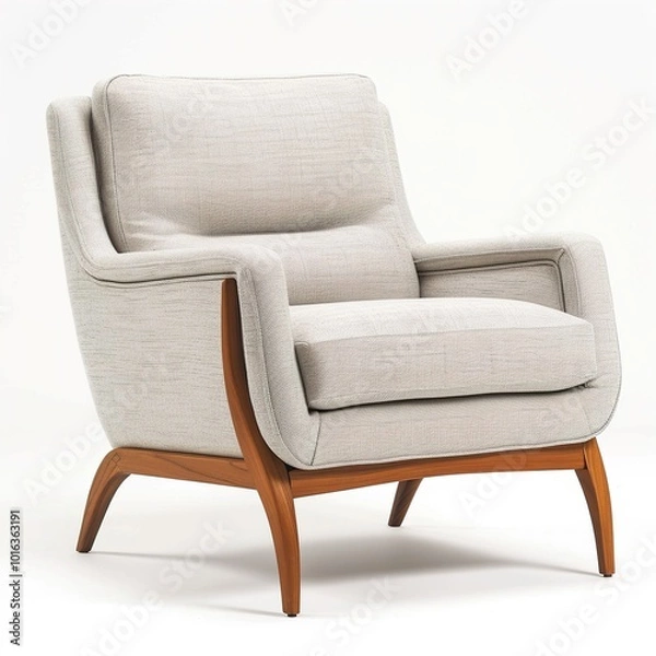 Fototapeta Midcentury modern armchair with light gray fabric upholstery and natural wood frame isolated 