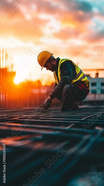 Fototapeta Construction Worker at Sunset