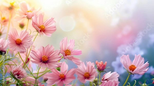 Fototapeta Vibrant Pink Cosmos Flowers with Soft Bokeh Background in Morning Light Ideal for Floral Border Designs and Nature-Themed Projects