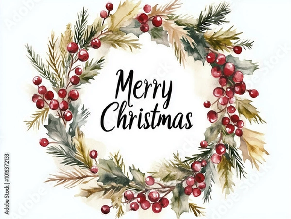 Obraz クリスマスリース。水彩画。メリークリスマス