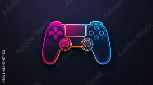 Fototapeta A glowing video game controller with blue and pink lights on a dark background.