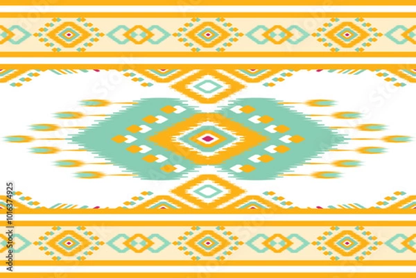 Fototapeta Traditional ikat patterns with bright geometric shapes in shades of blue, green, yellow and orange are perfect for textile design, home decor, rugs and fashion. Inspired by indigenous and tribal