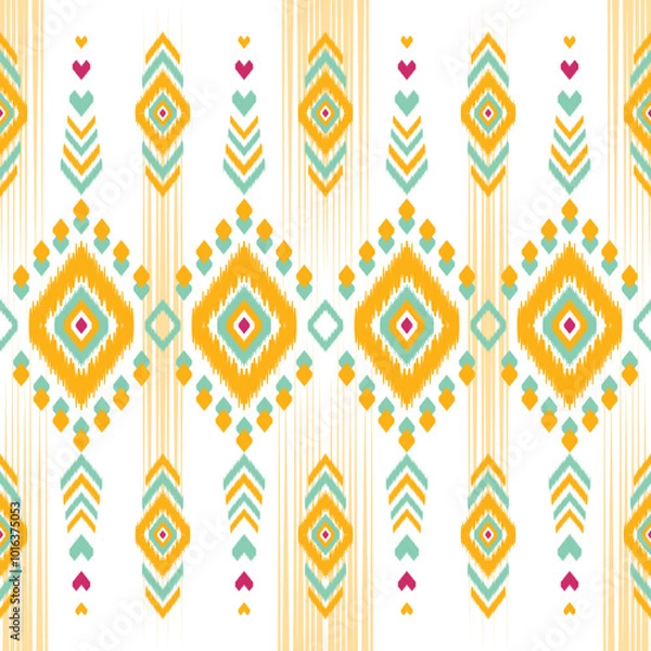 Fototapeta Traditional ikat patterns with bright geometric shapes in shades of blue, green, yellow and orange are perfect for textile design, home decor, rugs and fashion. Inspired by indigenous and tribal