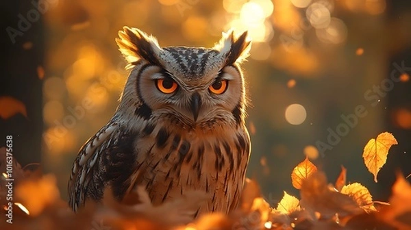 Fototapeta An owl is portrayed in an autumn forest with golden evening light, featuring piercing eyes and detailed feathers amidst fallen leaves, creating a mystical woodland atmosphere.