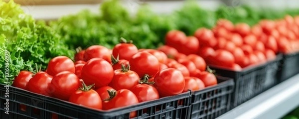Fototapeta Vibrant display of farm fresh vegetables and produce in a grocery market highlighting the implementation of blockchain technology to enable comprehensive food traceability from farm to shelf