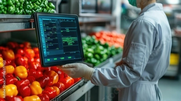 Fototapeta Close up view of digital sensors and data analytics monitoring food safety and hygiene in a commercial kitchen setting