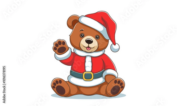 Fototapeta Vector cartoon cheerful smiling cute sitting teddy bear dressed in Santa Claus costume and waving paw. Merry Christmas and Happy New Year. Isolated white background.