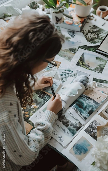 Fototapeta Manifesting Dreams: Person Crafting Vision Board with Motivational Images and Words for Setting Intentions