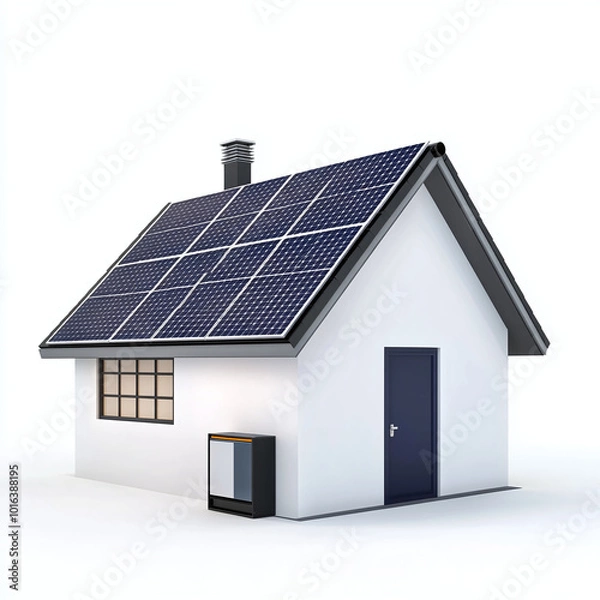 Fototapeta A home battery storage system with solar panels, modern energy solution, 3D illustration, isolated on white background