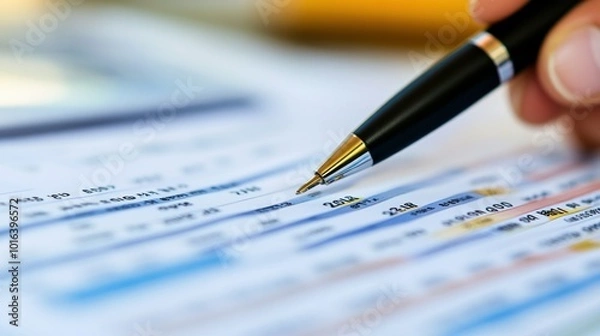 Obraz A close-up of a hand holding a pen over financial documents with data and figures.