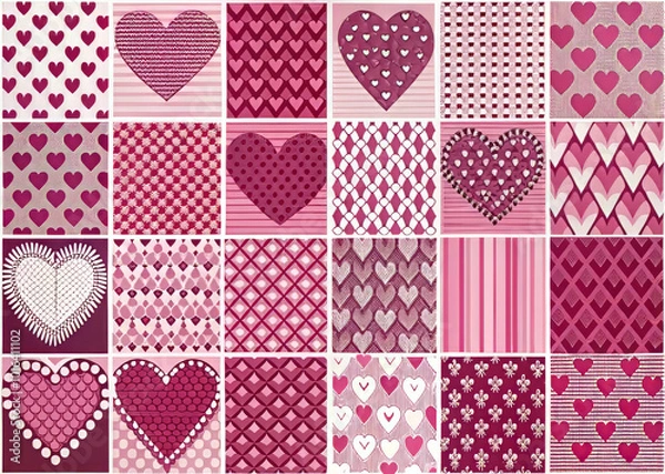 Fototapeta Colorful patterns of pink hearts in various designs create vibrant and romantic atmosphere. These heart motifs are perfect for expressing love and affection