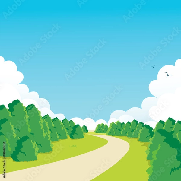 Fototapeta Curved walkway through peaceful green park landscape background scene