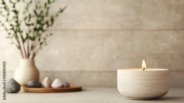 Fototapeta A serene setting featuring a lit candle, decorative stones, and a vase with greenery, perfect for relaxation and mindfulness.
