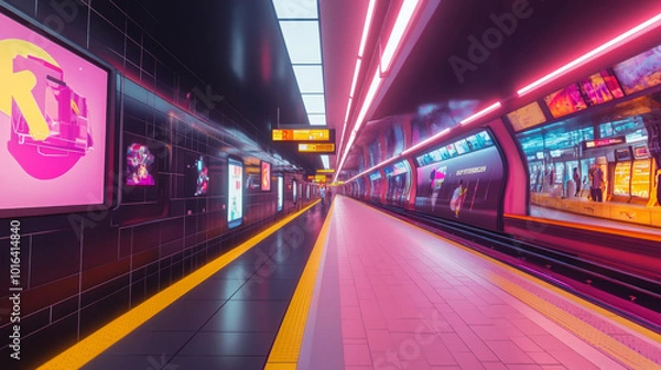 Fototapeta Futuristic Subway Station: A Vibrant Exploration of Neon Lights, Urban Art, and Modern Transportation in a Captivating Underground Environment