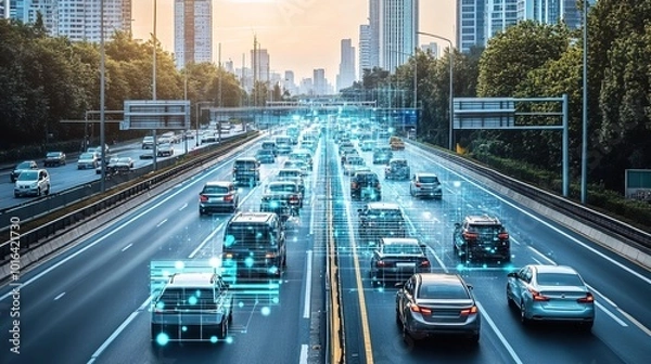 Obraz Smart transport technology concept for future car traffic on road 