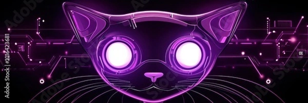 Fototapeta A stylized cat face with glowing eyes and a digital circuit background.