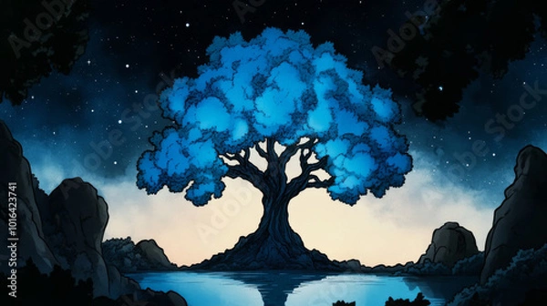 Fototapeta A large, glowing blue tree stands tall in the middle of a serene lake, with a starry night sky above.