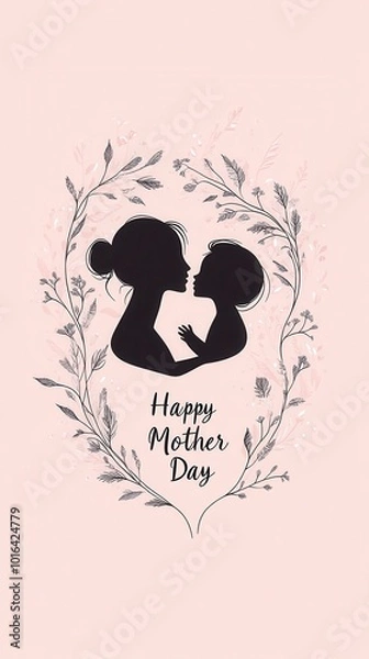 Fototapeta A mother and child silhouette enclosed in delicate floral elements wishing Happy Mother’s Day