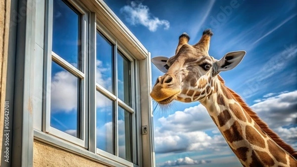 Obraz Panoramic giraffe looking out window with blue sky background