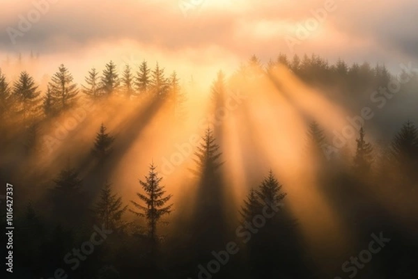 Obraz Sunlit misty forest landscape