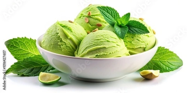 Obraz Fresh scoops of vibrant green avocado pistachio coconut ice cream in a bowl, garnished with green mint leaves, isolated on a clean white background.