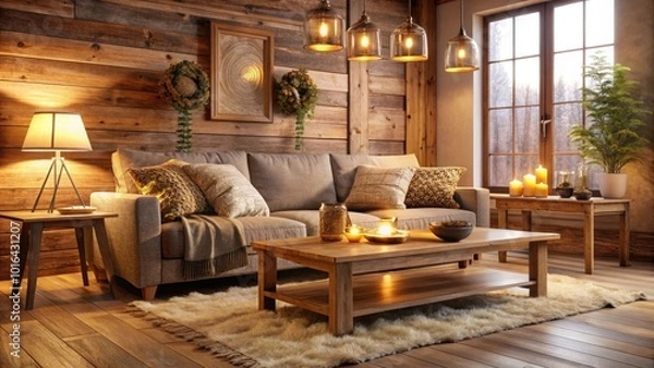 Fototapeta Warm and inviting interior scene featuring a plush couch, rustic wooden coffee table, and soft golden lighting, evoking a sense of comfort and relaxation.
