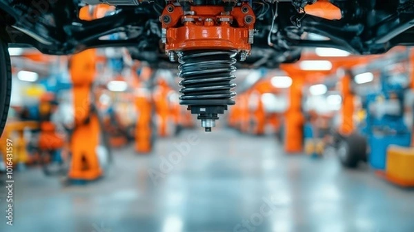 Obraz Car suspension system detail in an automotive workshop with blurred background.