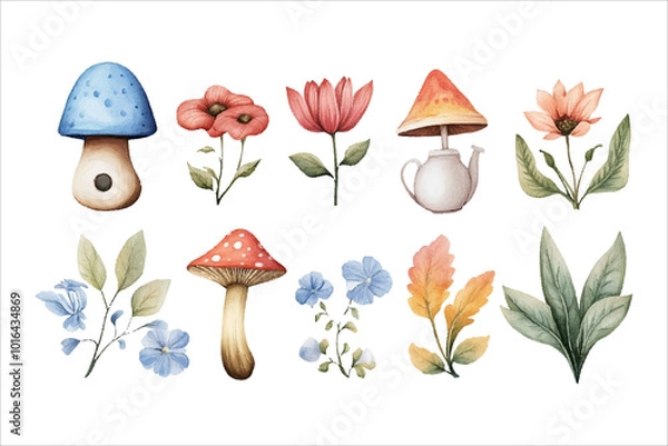 Fototapeta Set of whimsical watercolor alice in wonderland graphic elements
