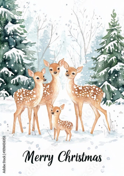 Fototapeta A family of deer in the snow, surrounded by pine trees and falling snowflakes, with "Merry Christmas" written at the bottom in elegant script