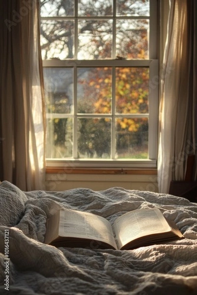 Fototapeta An open book on a cozy bed with soft sunlight streaming through a window in the background. 