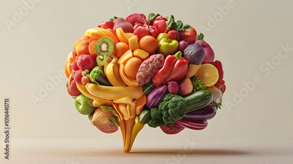 Obraz Healthy brain food colorful fruits and vegetables omega.Colorful vegetable arrangement resembling a brain on a white background showcases creativity and healthy eating ideas