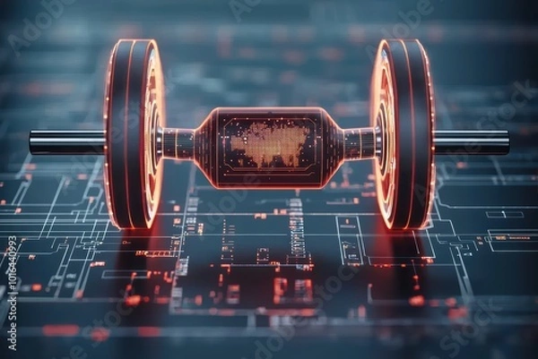 Fototapeta Futuristic weightlifting barbell on a digital circuit background, symbolizing strength and innovation.