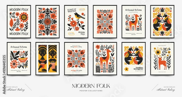 Obraz Abstract folk nordic art posters template. Modern trendy minimal style. Hand drawn design for wallpaper, wall decor, print, postcard, cover, template, banner.
