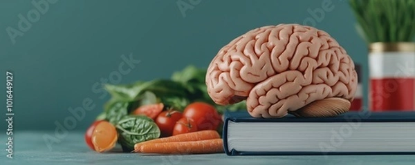 Fototapeta Brain model on a book with vegetables in the background, green backdrop.