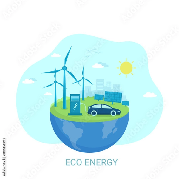 Fototapeta Alternative Clean Energy Concept with Wind Turbines and Solar Panels. Electric car charging its battery, concept illustration for green environment. Vector illustration in flat style.