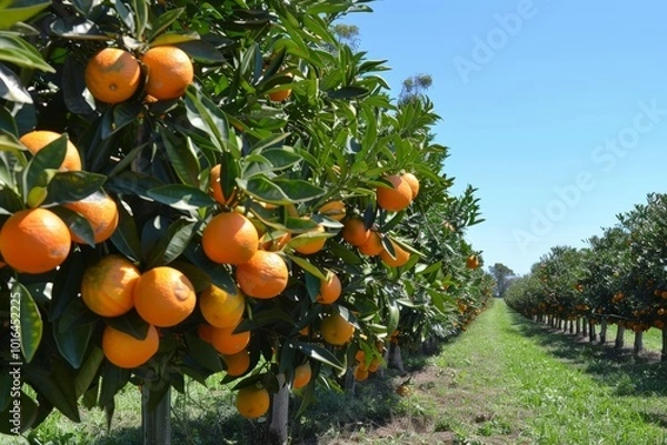 Fototapeta Orange trees on a farm on a sunny day. AI generative