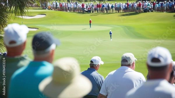 Fototapeta  image captures vibrant golf tournament scene, showcasing large crowd of spectators watching players on green