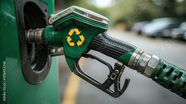 Fototapeta a green biofuel pump nozzle,a prominent recycle symbol representing eco friendly and sustainable alternative energy sources derived from organic and waste materials.stock image